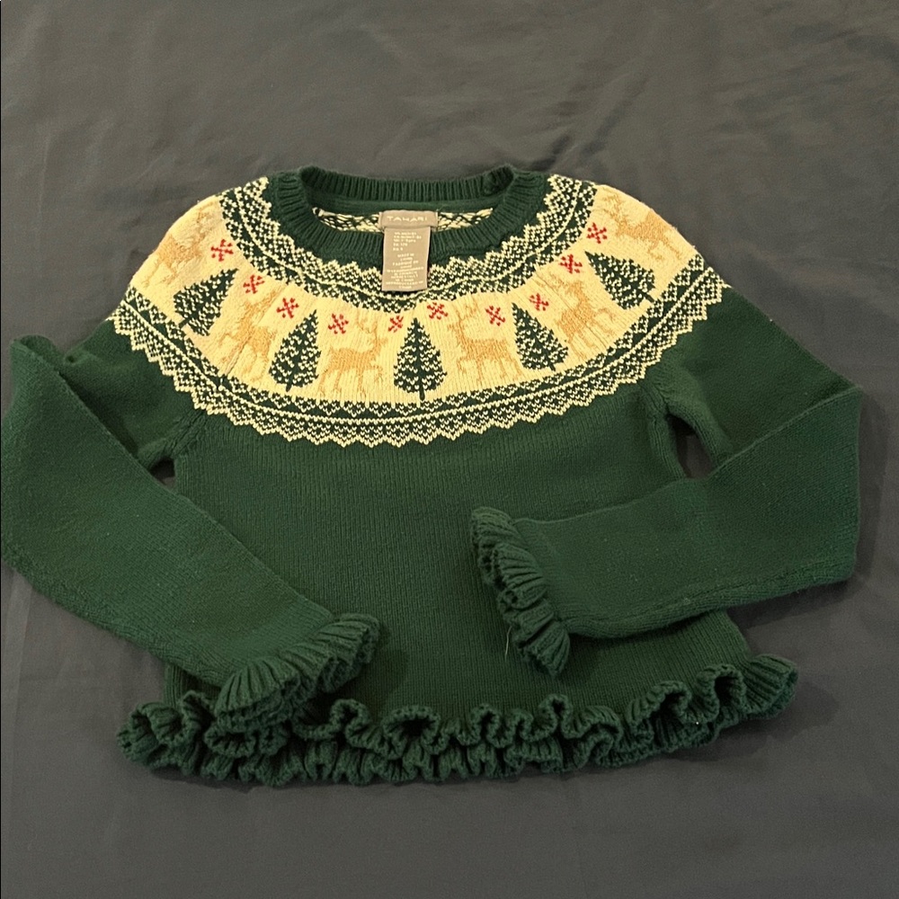Tahari Green Sweater with Festive Pattern